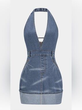 Denim Halter Backless Mini Dress - Blue